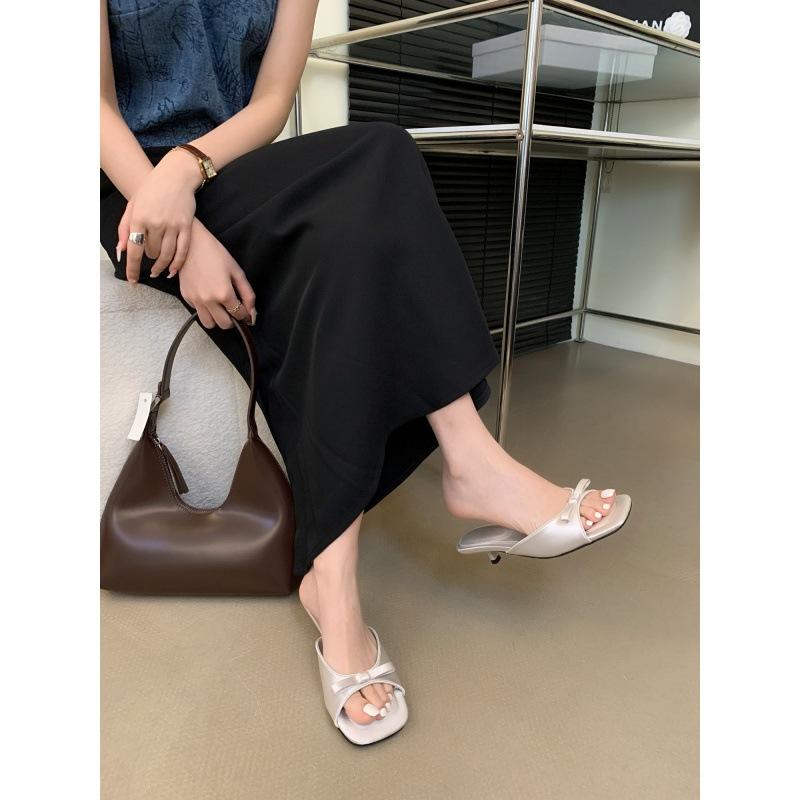 2025 Spring and Autumn New French High-end Bow Square Head Open Toe Thin Heel Cool Slippers Fairy Style Outside Wear