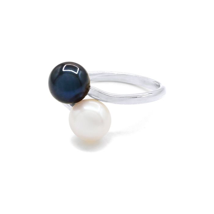 Ring - Parels & Kleuren - Zoetwatercultuurparels 7-8 mm Rond - Witte Parel & Zwart - Witgoud 375/1000 - Vrouw