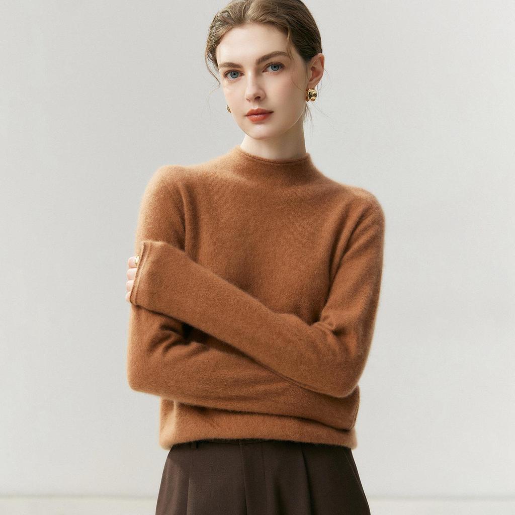 Women's 100% Cashmere Ribbed Half-Turtleneck Sweater - Autumn/Winter Base Layer, Loose & Warm