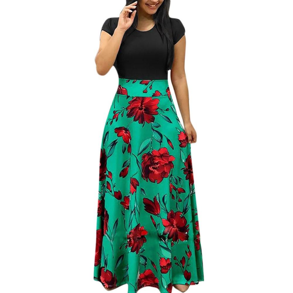 Damenmode, lässig, mit Blumenmuster, Maxikleid, kurzärmelig, Party, langes Maxikleid