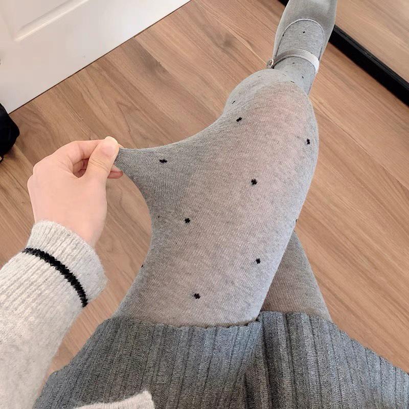 Meias Brancas de Espessura Média para Outono/Inverno & Collants de Bolinhas Cinza Fumo, Leggings Branco Leite Forradas em Algodão