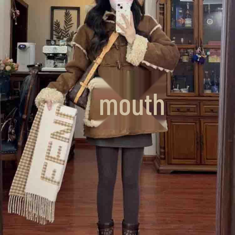 

Women s Winter Hooded Lambswool Suede Coat with Toggle Buttons XL