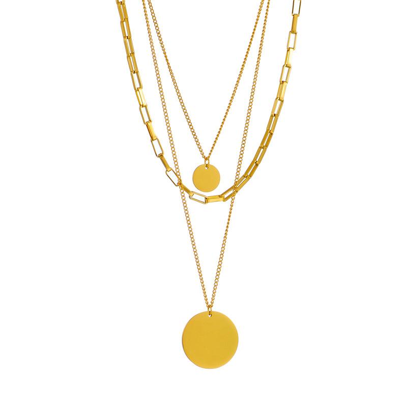 Fashion Versatile Minimalist Cool Titanium Steel Multi Layer Round Pendant Chain Necklace