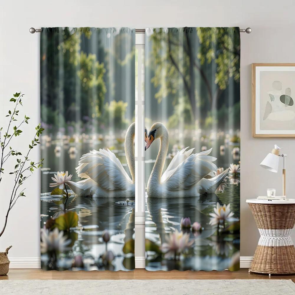 

2 pcs filtering curtains (excluding rods non-movable without batteries) Beautiful Swans for use in bedrooms and living rooms 100*130 Grommet Top 1pcs