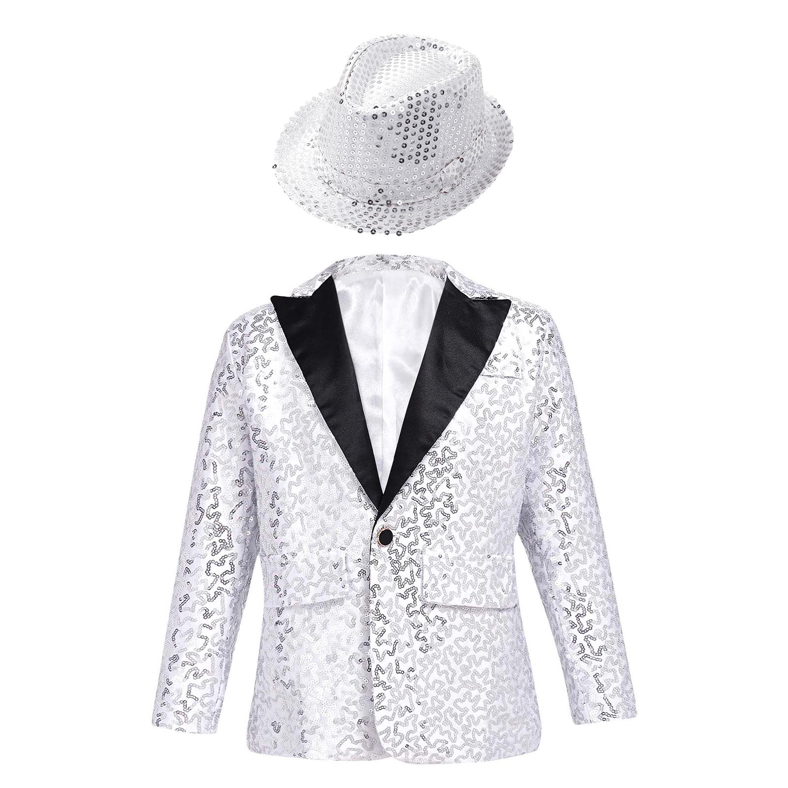 

Boys Shiny Sequins Tuxedo Suit Lapel Single Breasted Long Sleeve Jacket Fedora Hat Dance Outfit 15-16 Years срібний