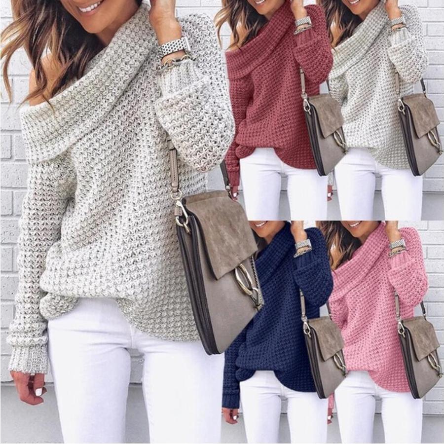 Women's Autumn Knit Sweater Solid Color High Neck Ribbed Top One Shoulder Sexy Loose Fit Oversized