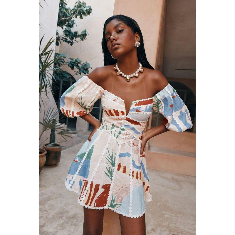 

European and American Women s Clothing Sexy Dress Floral-Print off-Shoulder Fashion Lace Dress Light blue S