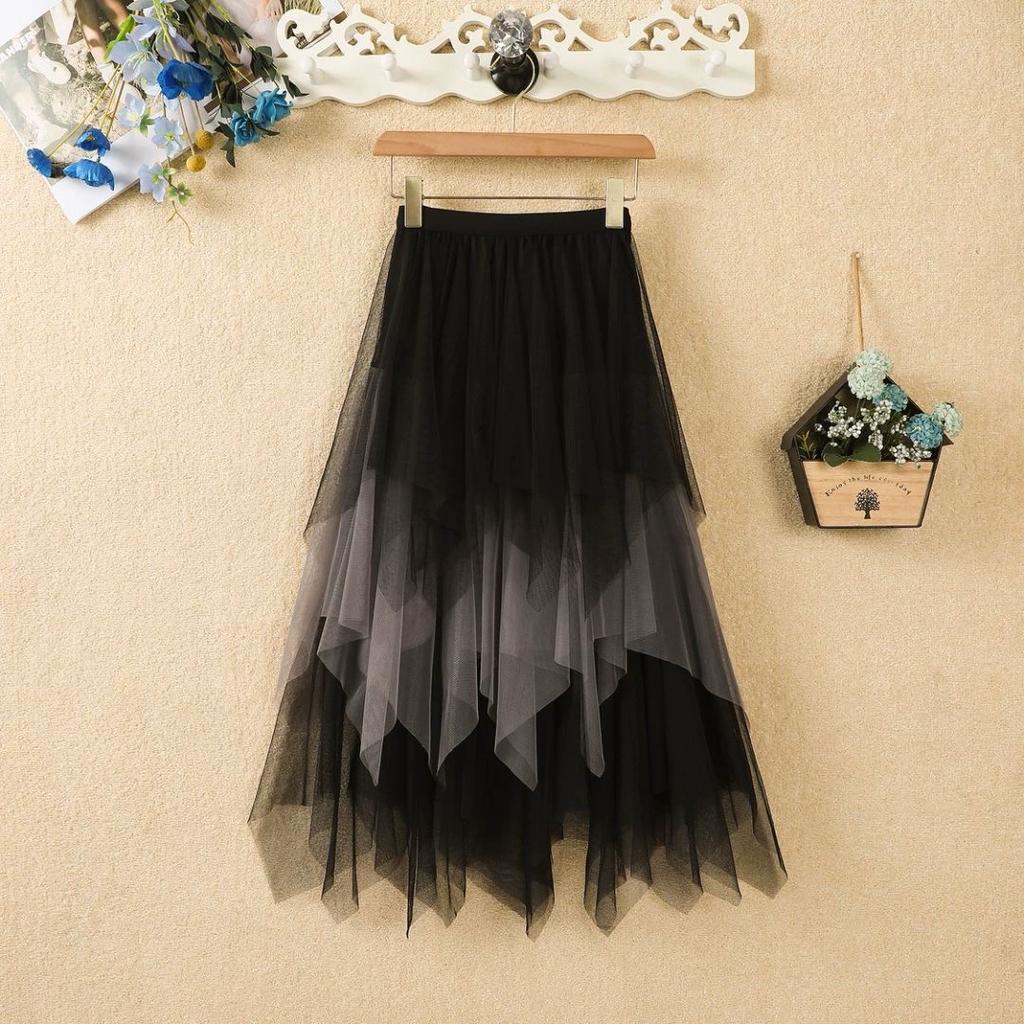 Women's Spring and Summer High Waisted Puffy Skirt Gradient Colour Irregular Mesh Short Skirt Performance Skirt