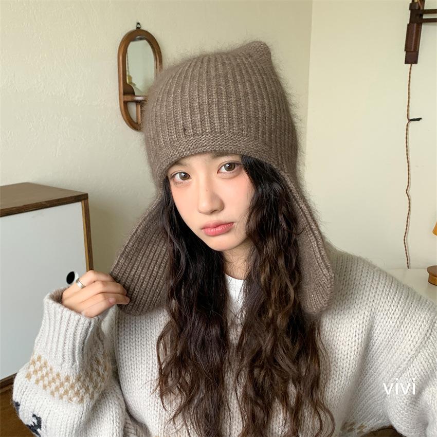 Atmospheric rabbit fur knitted wool hat women's new autumn and winter warm ear protection hat cold-proof bag head hat