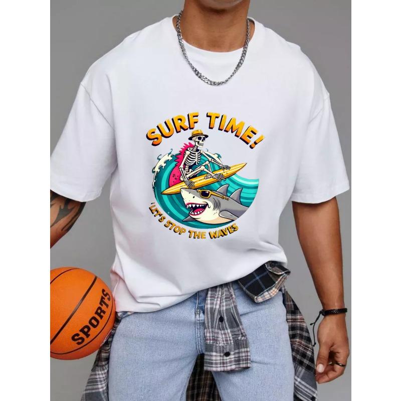 Surf Time T Shirt White Skeleton Surfing Shark Design with Text Surf Time Lets Stop The Waves Summer Beach Casual Wear