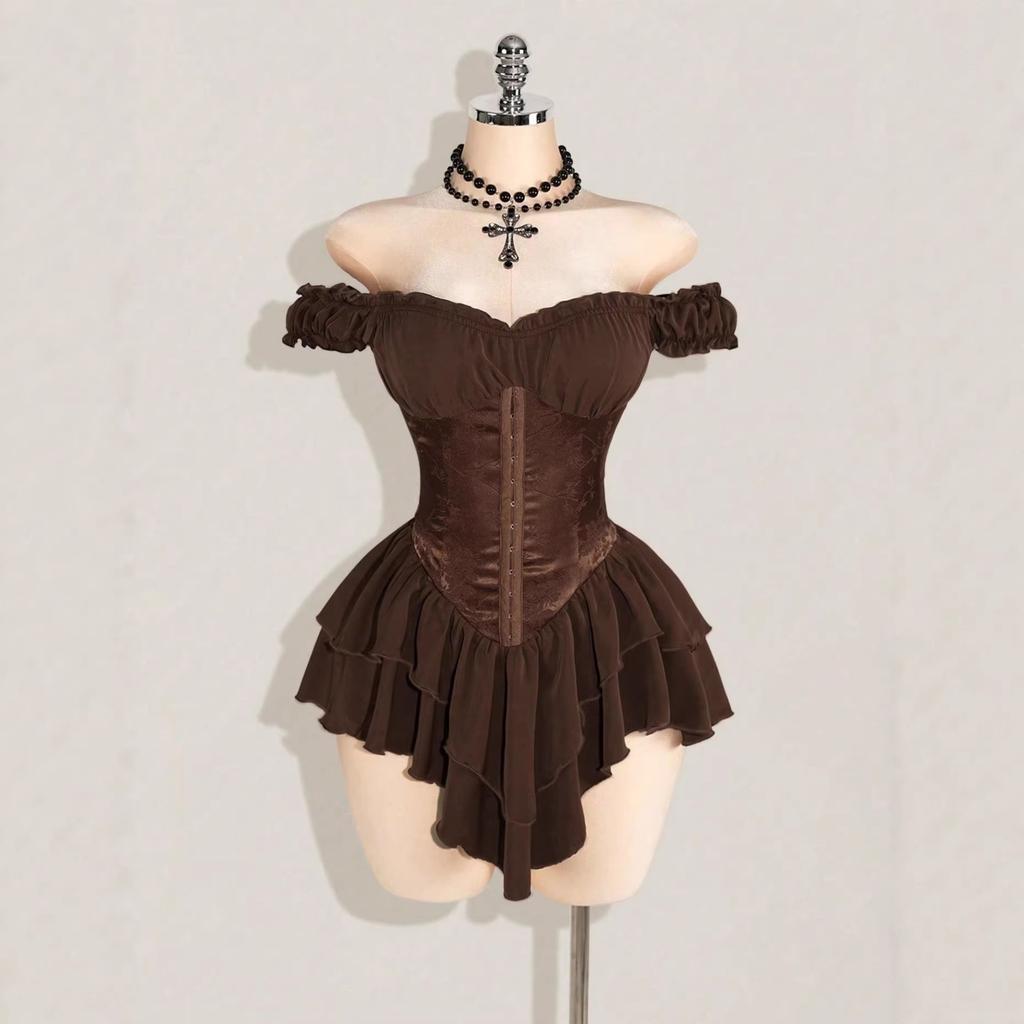 Jacquard Splicing Pleated Ruffle Edge Off-the-shoulder Multi-layer Ruffle Edge Hem A-word Chiffon Mini Dress