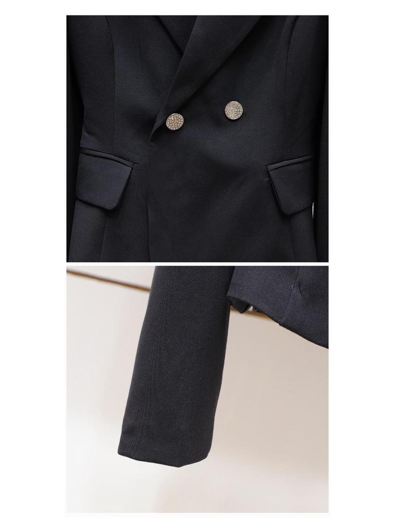 Women's French-Style Black Two-Piece Suit: Lapel Jacket & Skirt with Heavy Diamond Detailing
