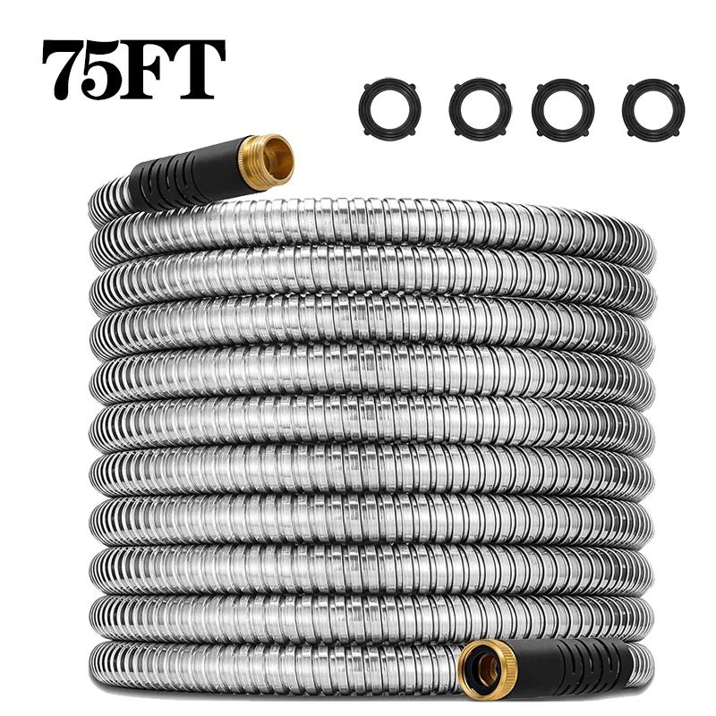 75ft Stainless Steel Garden Hose Metal Water Hose Patio Outdoor RV Car Wash Hose Watering Gun Hose Gardening Accessories
