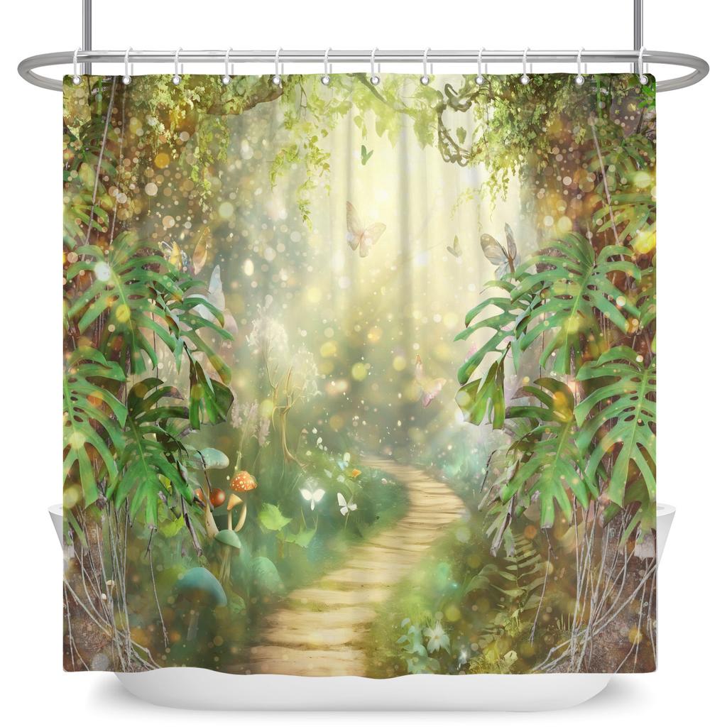 Garden Path Shower Curtain with 12 Hooks Realistic Forest Landscape Butterflies Waterproof Polyester Bathtub Bathroom Curtain