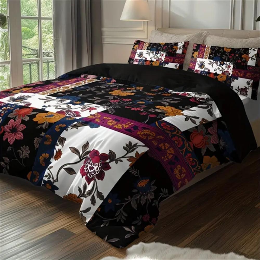 Floral Patchwork Duvet Cover Set 3PCS - 100% Polyester Breathable Bedding, Digital Print, Machine Washable, No Insert Included