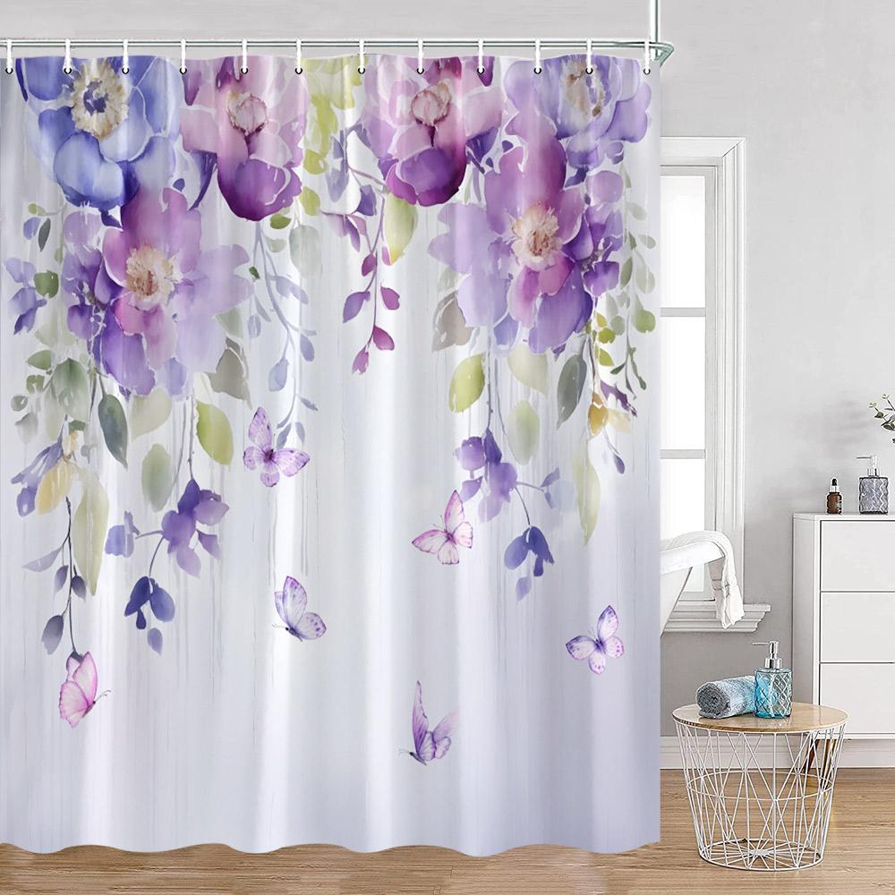 Watercolor Flowers Shower Curtains Colorful Flower Green Plants Botanical Bathroom Decorations Modern Aesthetic Bath Curtains