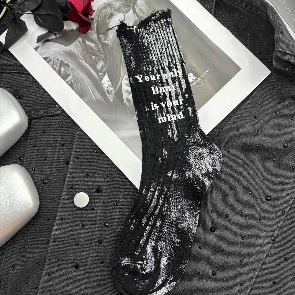 Stripe Mid Tube Socks Unique Letter Personality Mid-Calf Socks Soft Ripped Hollow Socks  For Women