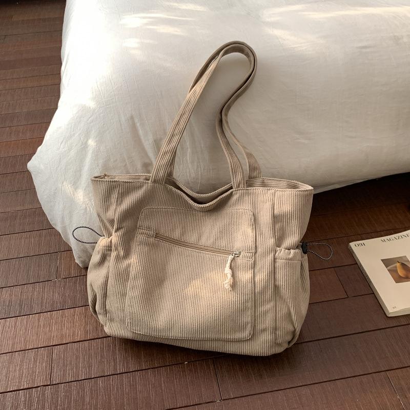 Vintage Corduroy Tote Bag for Women Large Capacity Shoulder Bag Casual Handbag College School Shopping Travel Tote Bag