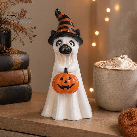 Indoor Haunted House Supplies Halloween Ghost Dog Figurine, Wizard Hat Pumpkin Resin Statue, Cute Tabletop Decor Puppy Ornaments for Entryway
