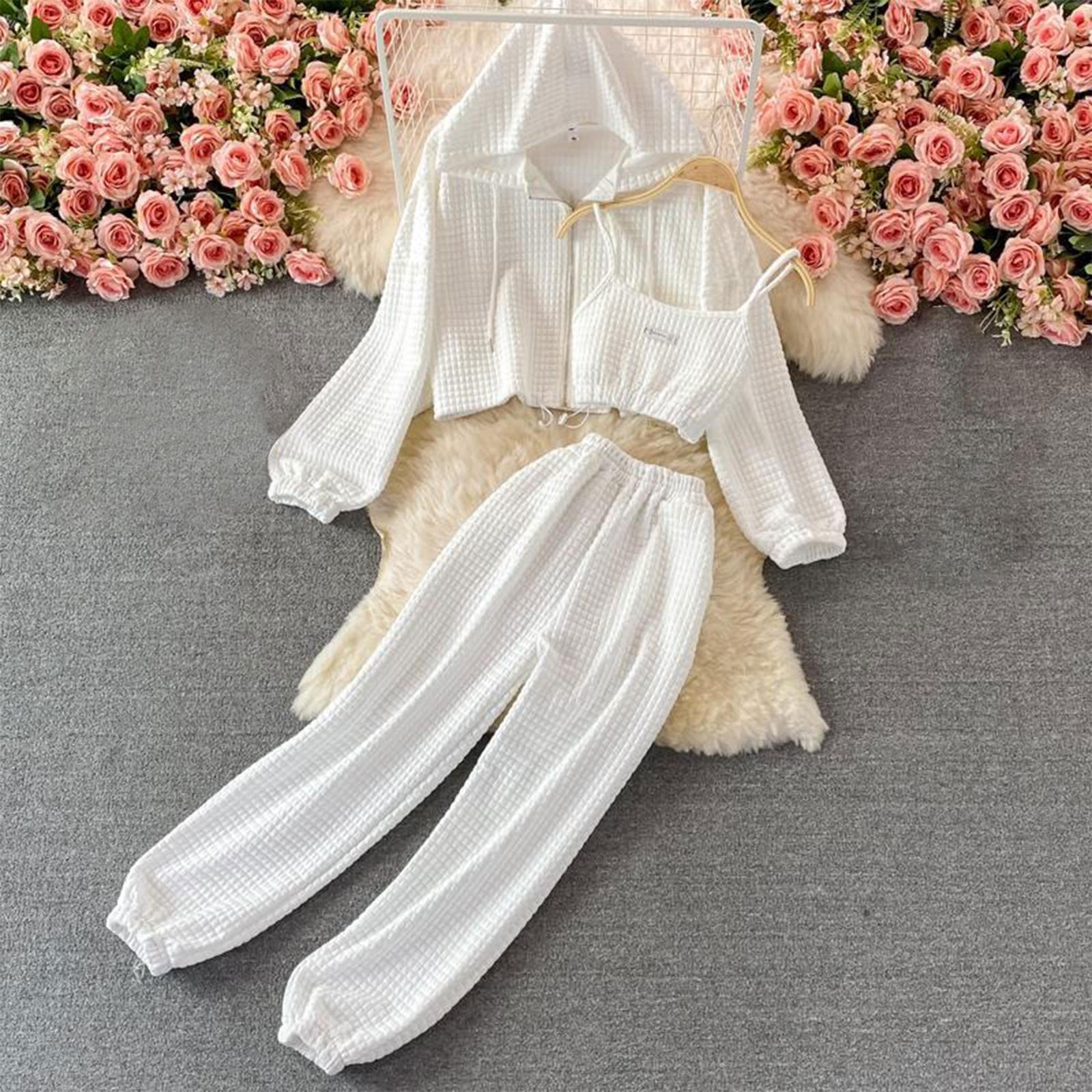 

Женская модная однотонная куртка на подтяжках с капюшоном и длинными рукавами, повседневные брюки, комплект из 3 предметов M белый