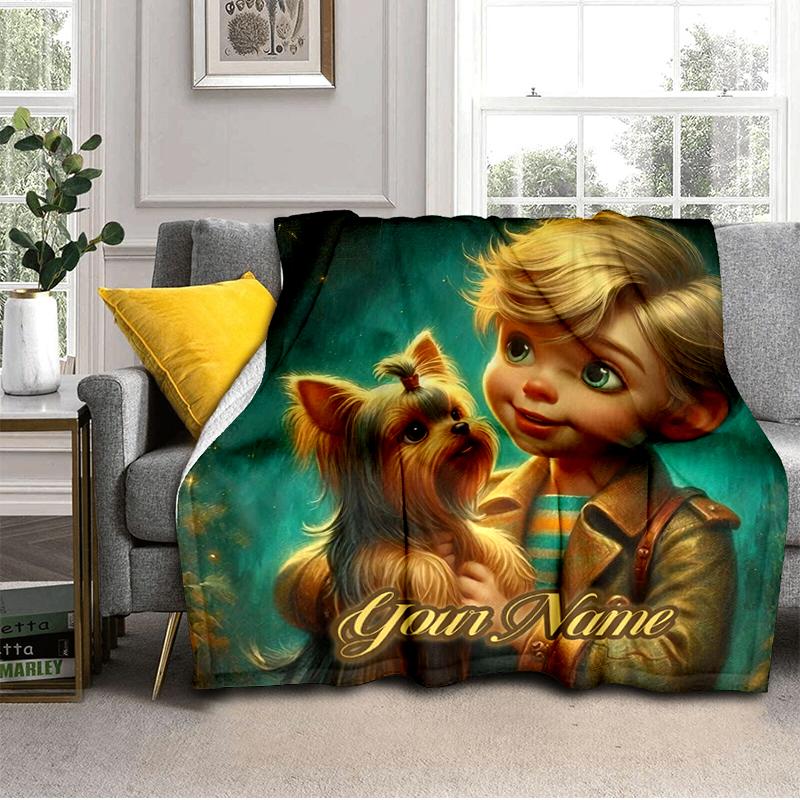 1PC Custom Name Boy Yorkshire Terrier flannel blanket versatile, all-season throw suitable for the living room, bedroom, camping, travel, and gift