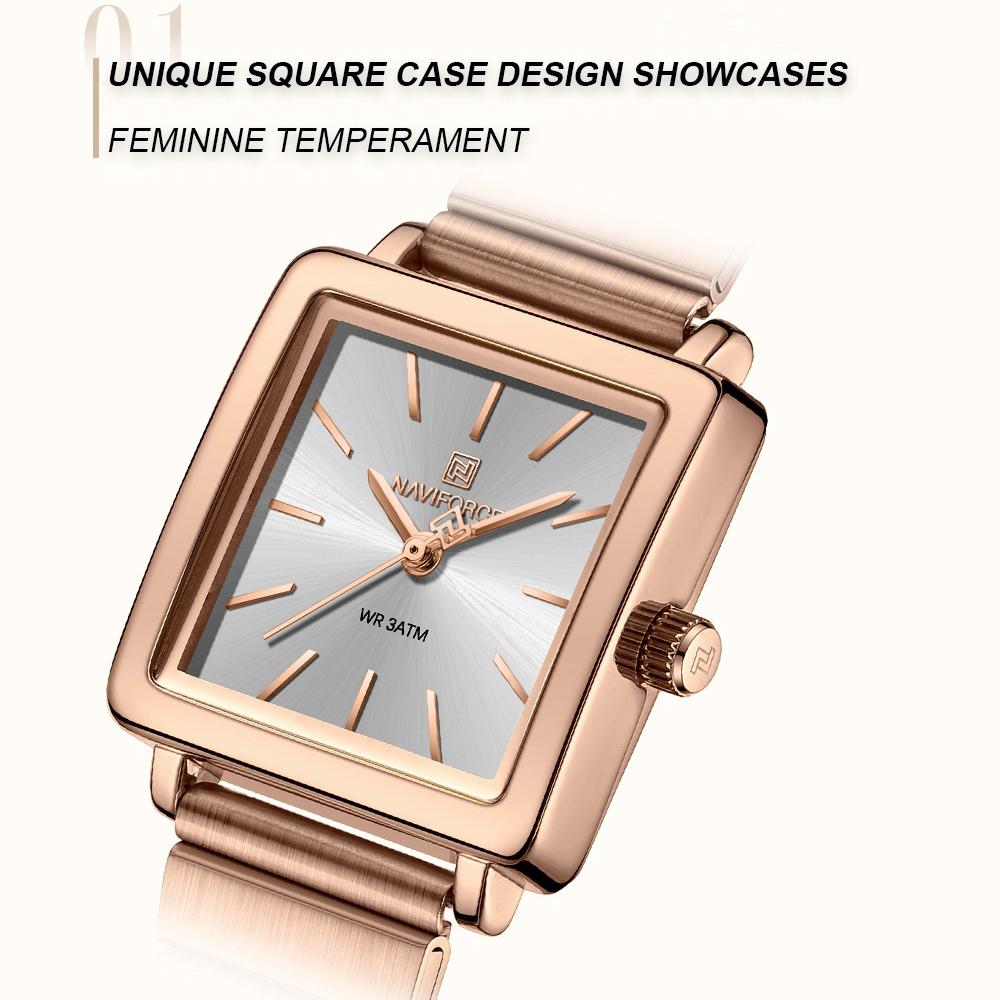 Naviforce Original Women Watch Square Dial 30m Waterproof Stainless Steel Strap Quartz Watch Casual Fashion Elegant Ladies Wristwatch NF5048
