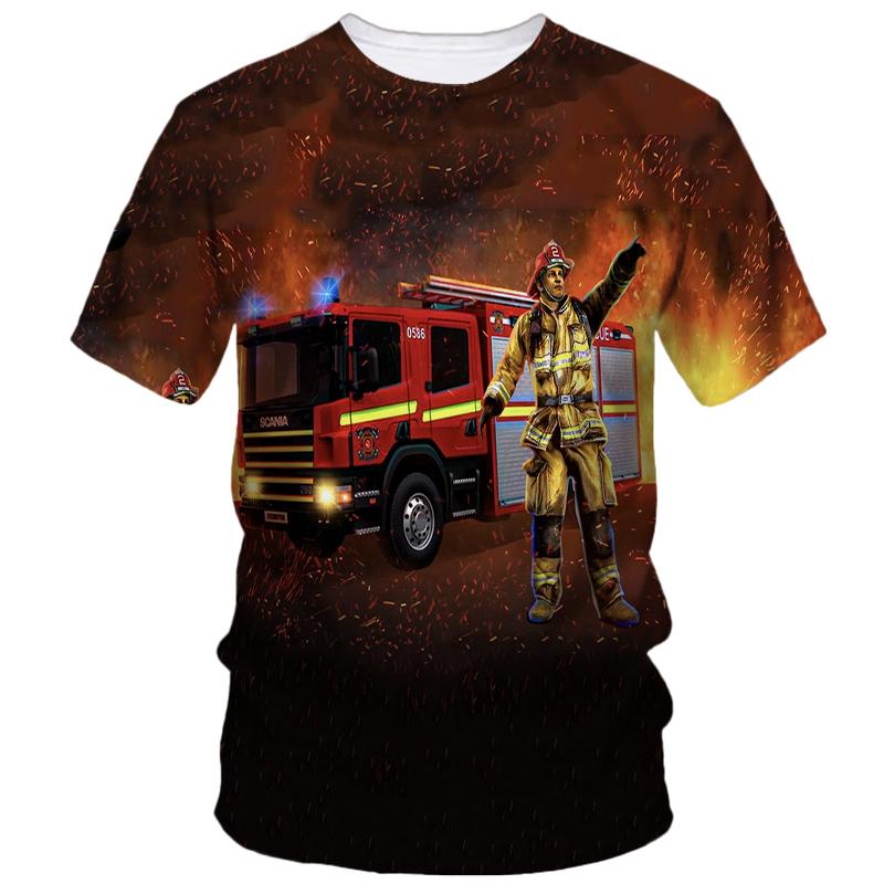 Firefighter Pattern Print Tough Guy Style T-shirts Summer Men's Short Sleeve T-Shirt Street Personality Creative Fashion Loose Casual Top