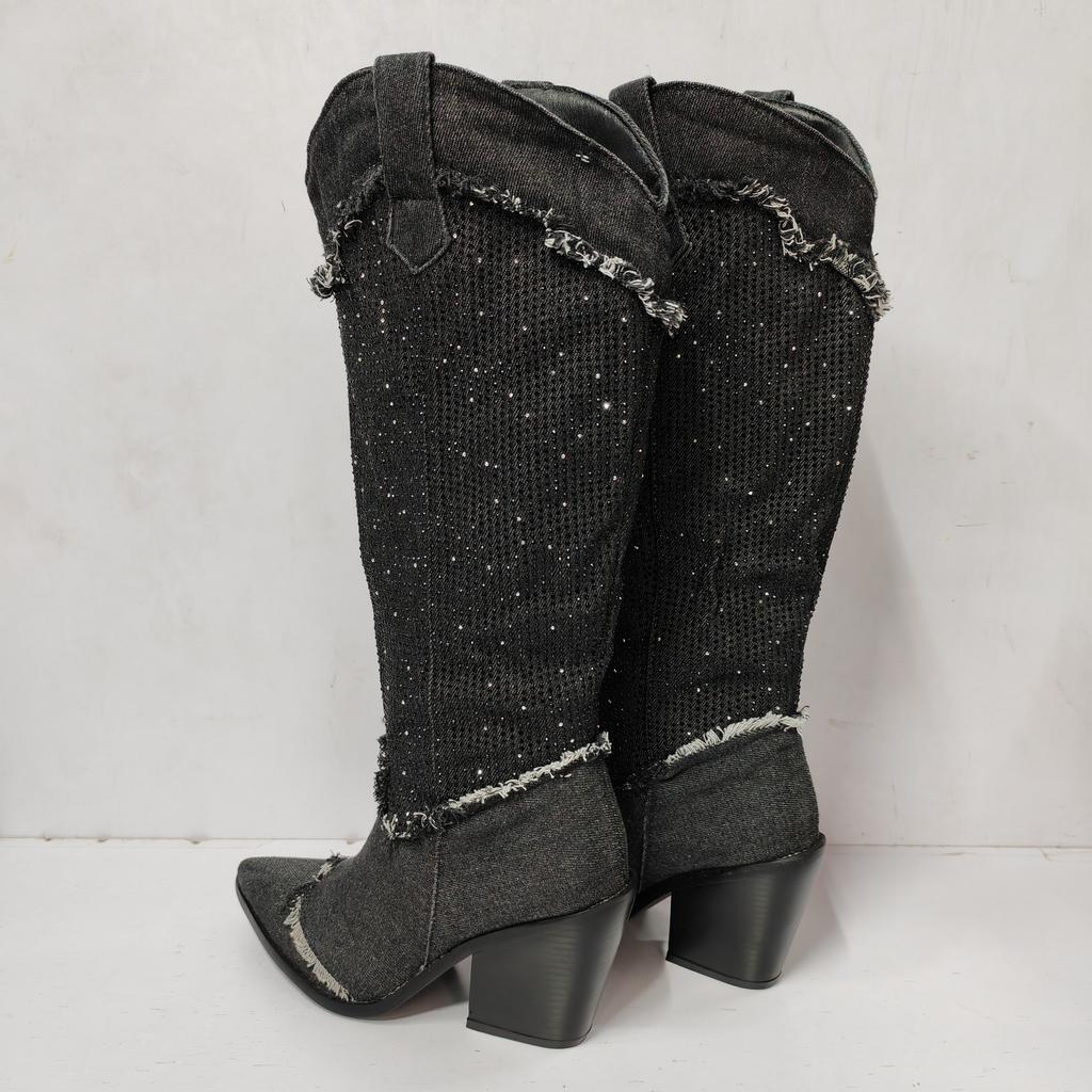 2024 Spring New ZA Knee High Botas Fashion Woman Denim Luxury Designer Rhinestones Western Cowboy Boots