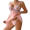 Women’s Pink Embroidered Cami Nightdress and Thong Set, Lightweight Breathable Sexy Summer Sleepwear