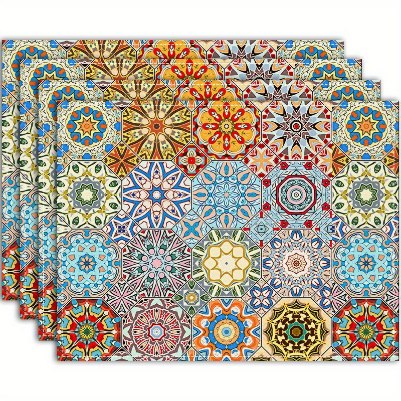 Set da 4 tovagliette con Stampa Classica di Piastrelle Marocchine, Decorative, in Tessuto Simil-Lino per Cucina e Sala da Pranzo, Tappetini da Tavola alla Moda per Decorazioni Festività
