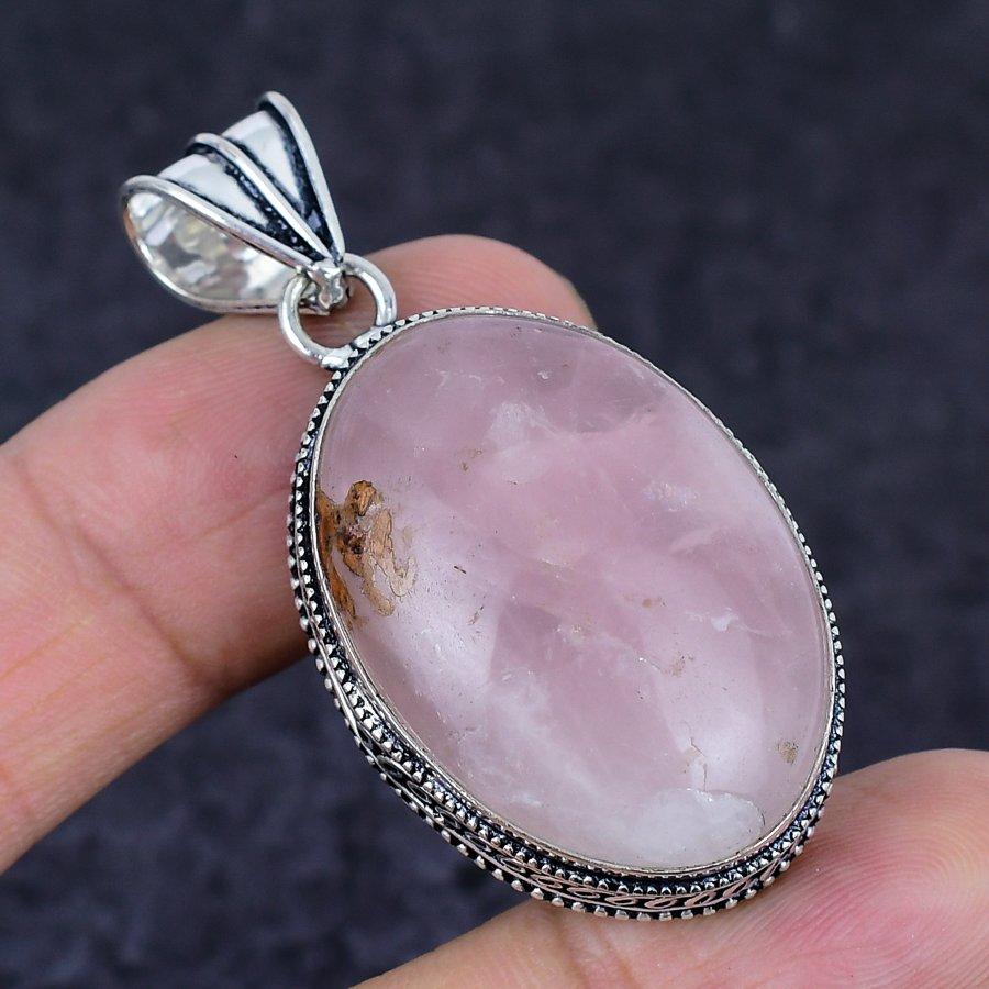Rose Quartz Gemstone Handmade 925 Sterling Silver Jewelry Pendant 2.05" M9s26