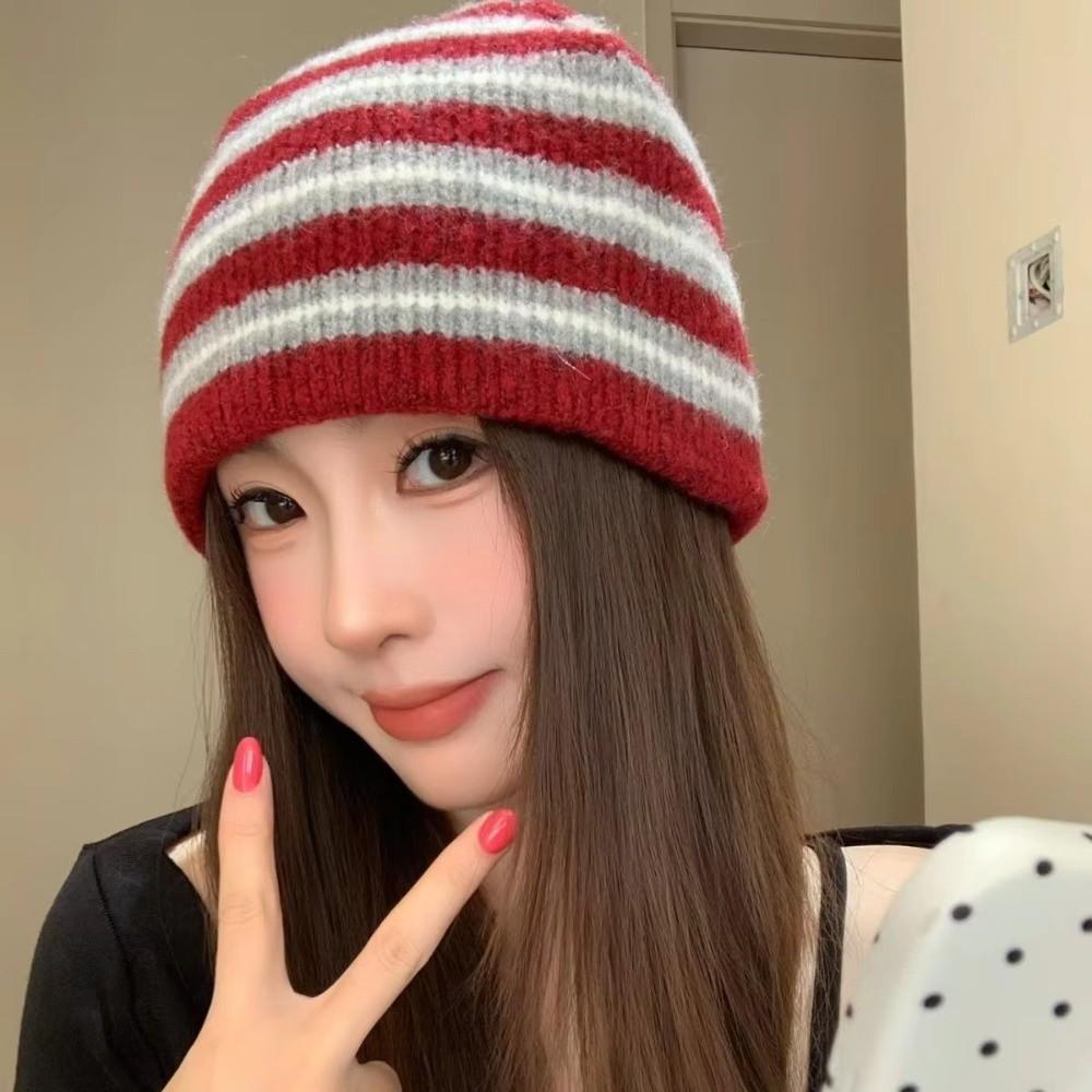 Wool Blend Ribbed Knitted Cap Color Blocked Warm Pullover Hat Striped Beanie Hat Autumn Winter