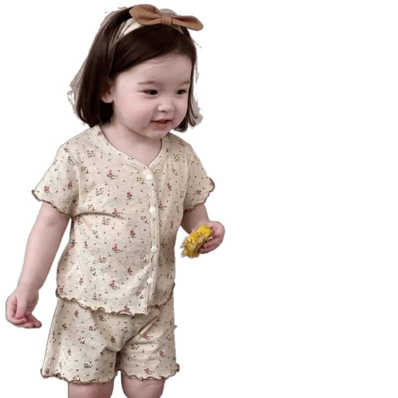 Baby Girls' Creamy Milk Cap Floral Summer Two-Piece Set: Short-Sleeve Top & Pants