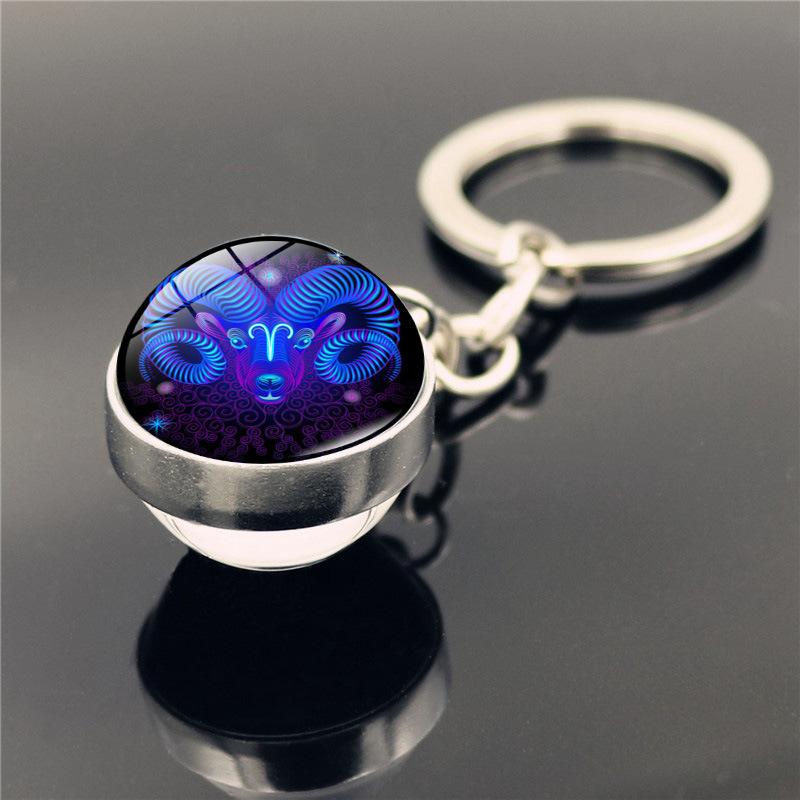Fashion 12 Constellation Keychain Double Side Glass Cabochon Ball Keychain Zodiac Signs Key Rings Jewelry for Women Men Gift