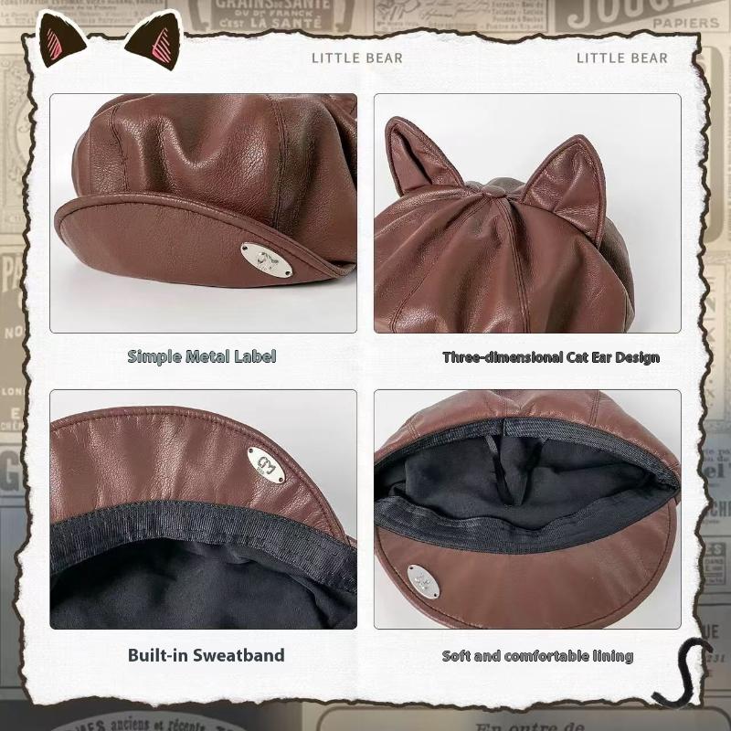Pu Leather Cute Cat Ear Berets For Women Solid Color Casual Newsboy Cap Personalized Peaked Cap