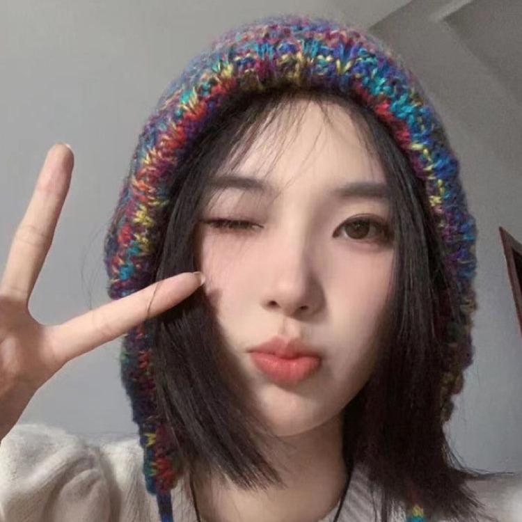 Color wool hat female cute loli pullover strap warm knitted headgear mixed color ear protection hat