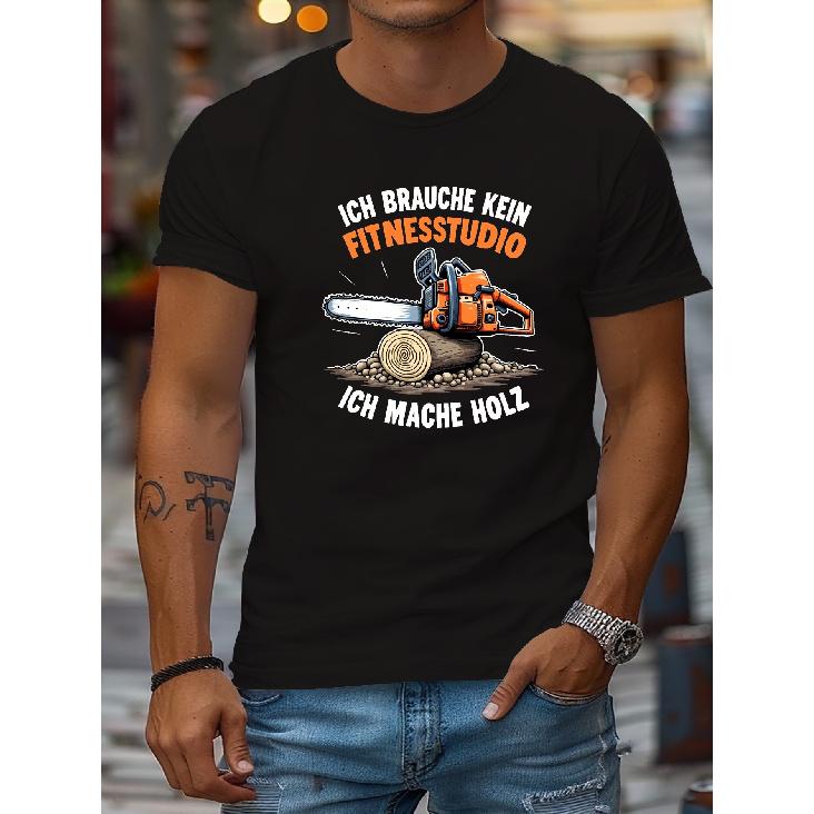 Men's black short sleeve t-shirt with chainsaw graphic and German text, crew neck, relaxed fit, soft cotton feel, casual outdoor wear for lumberjack