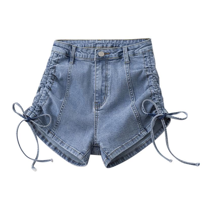 Summer New Design High Waist Side Drawstring Wide Leg Denim Shorts Women Short Jeans Tide Shorts