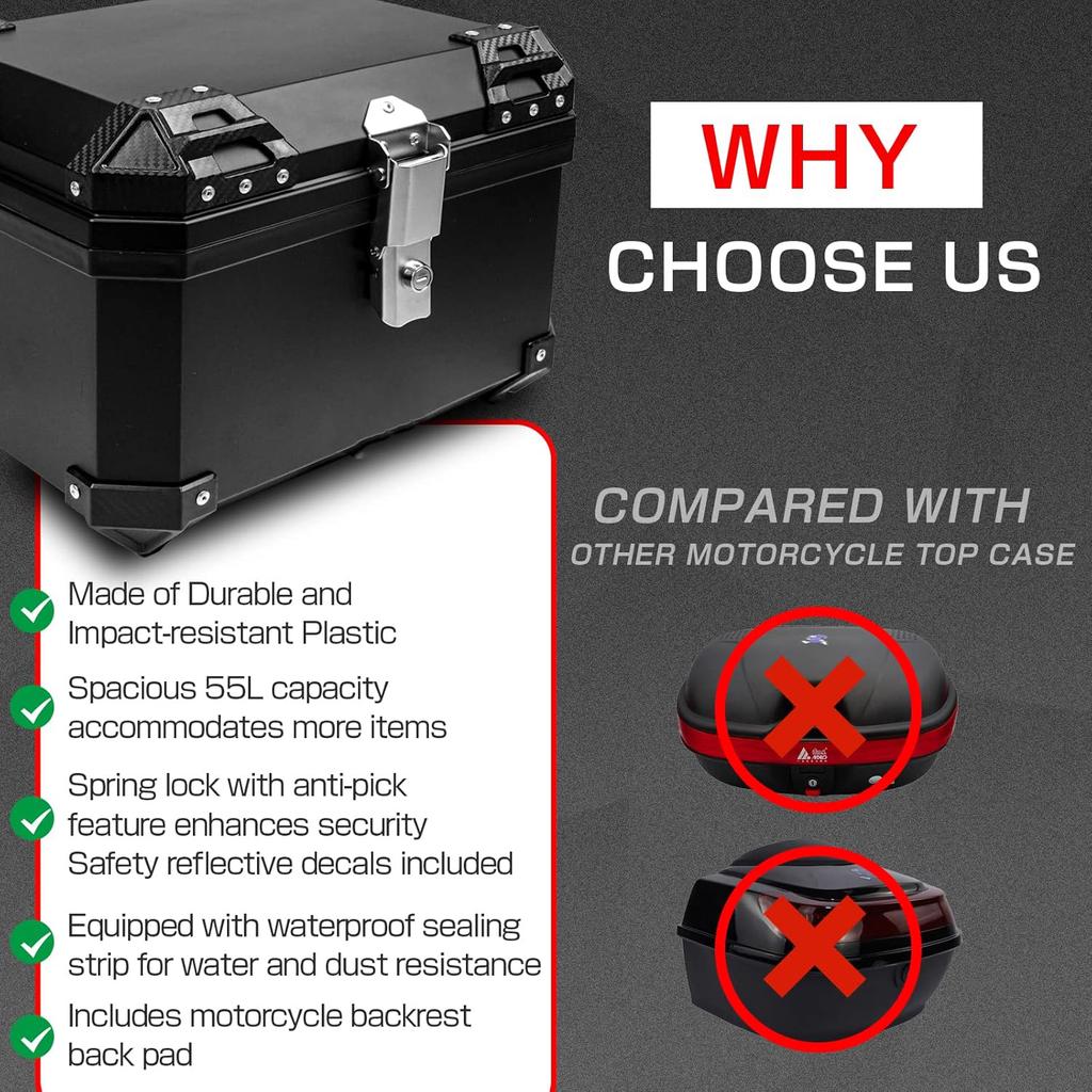 45L 57L Universal plastics Motorcycle Tail Box Top Case Lockable Luggage Top Helmet Waterproof Shock Absorption Storage Carrier