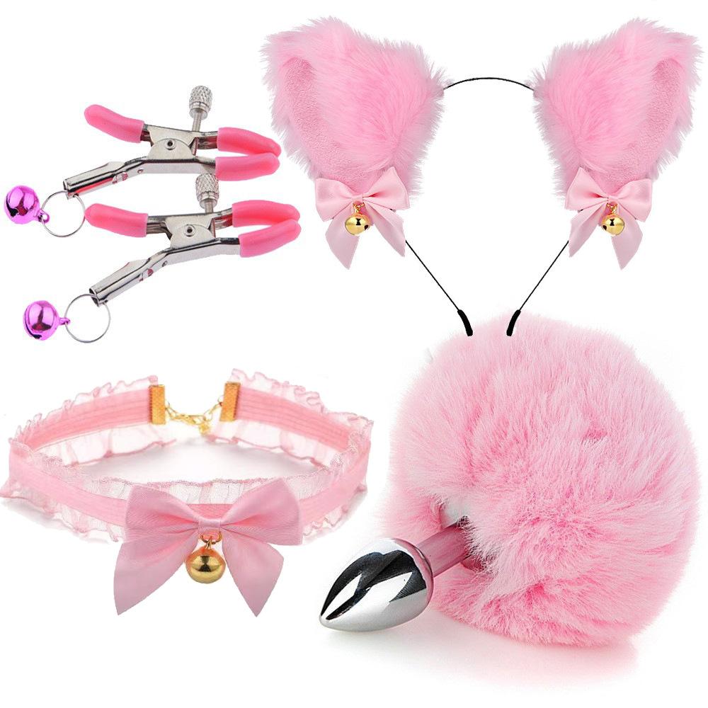 Fox Anal Plug Fox Tail Bow Butt Plug Cute Bow-Knot Soft Cat Ears Headbands Erotic Cosplay Accessories Nipple Clamps SM Sex Toys