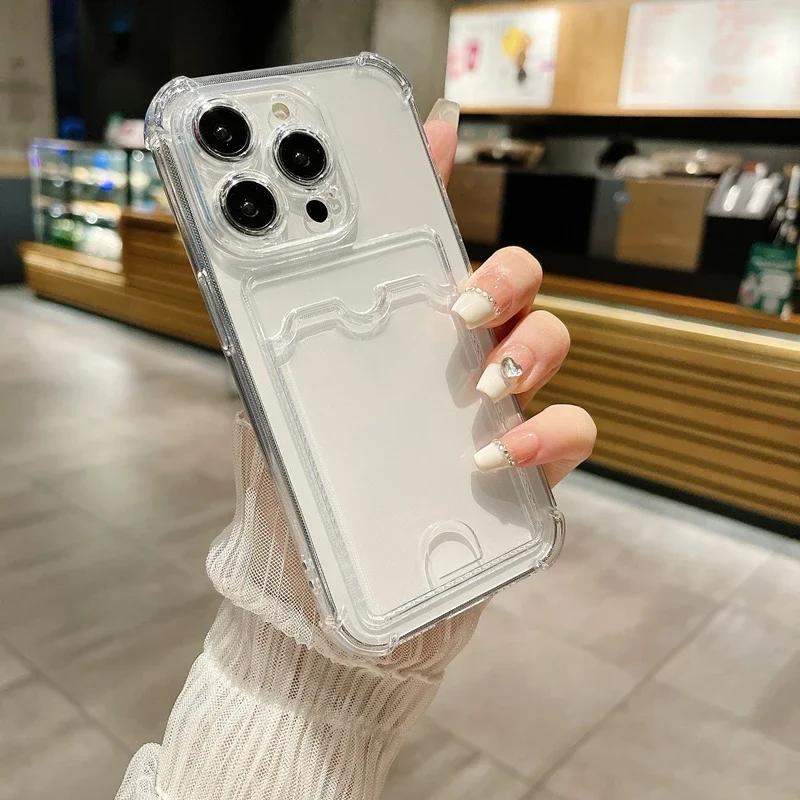 Transparent Card Holder Bag Case For iPhone 16 15 14 13 12 11 Pro Max Slot Wallet Back Cover For iPhone 15 Plus Shockproof Case