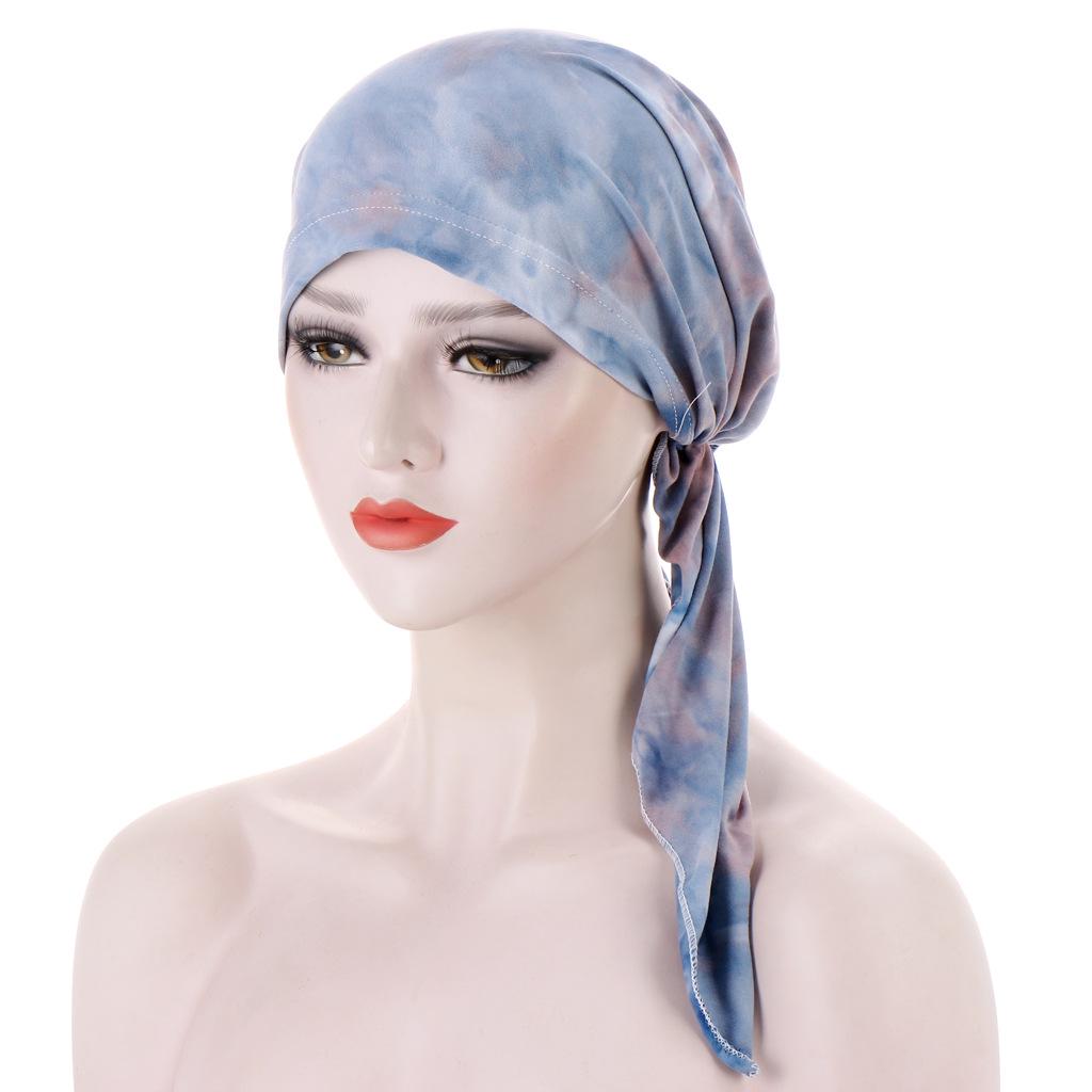 European-American Floral Print Two-Tail Curved Muslim Headscarf Pullover Hat