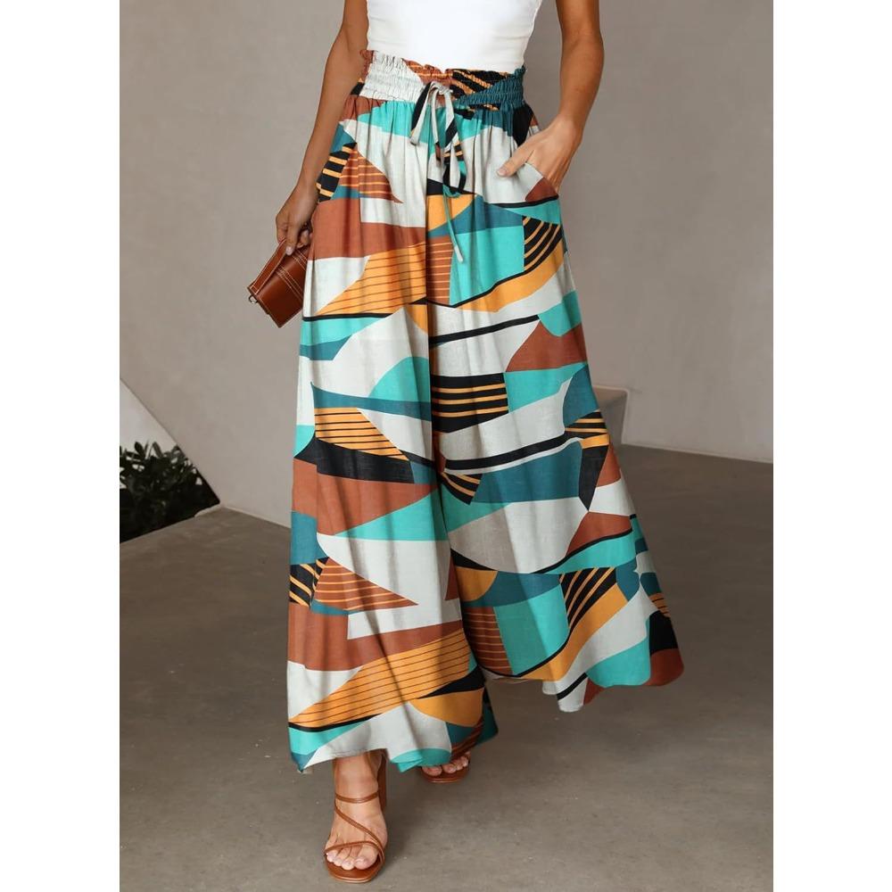 Women's Mid Waist Digital Printed Pocket Design Loose Wide Leg Casual Long Pants
