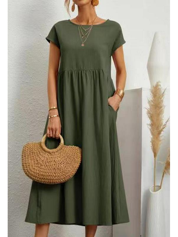 European and American Short-Sleeve Round Neck Cotton-Linen Long Dress with Pockets