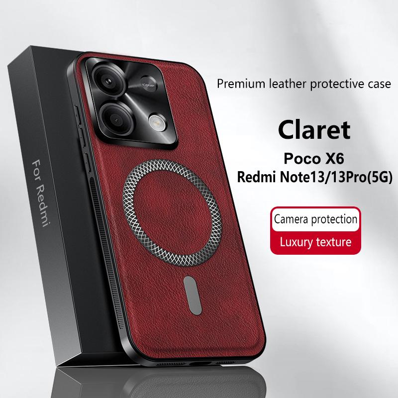 For Redmi Note 13 Pro 5G Poco X6 Case Magnetic Elegant Leather Wear-Resistant Lens Fully Covered Non-Slip Grip Edge Cover Shell