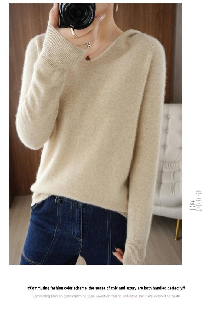2026 Women's Solid Color Pure Wool Hooded Knit Sweater – Autumn/Winter Cashmere Base Layer Hoodie.