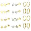 Stainless Steel Circle Huggie Hoop Earrings Set for Women Gold Color Unique Zircon Flower Stud Earring Piercing Jewelry