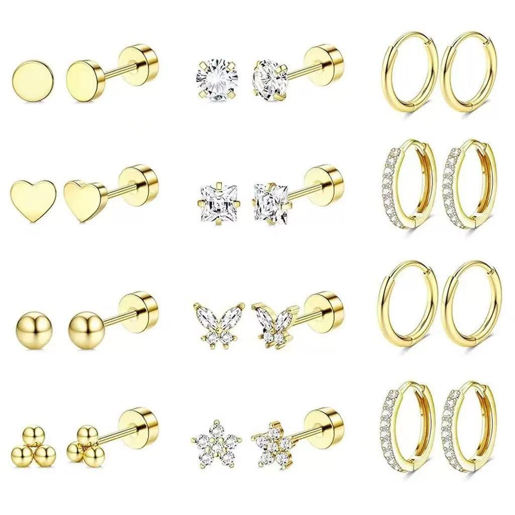 Stainless Steel Circle Huggie Hoop Earrings Set for Women Gold Color Unique Zircon Flower Stud Earring Piercing Jewelry