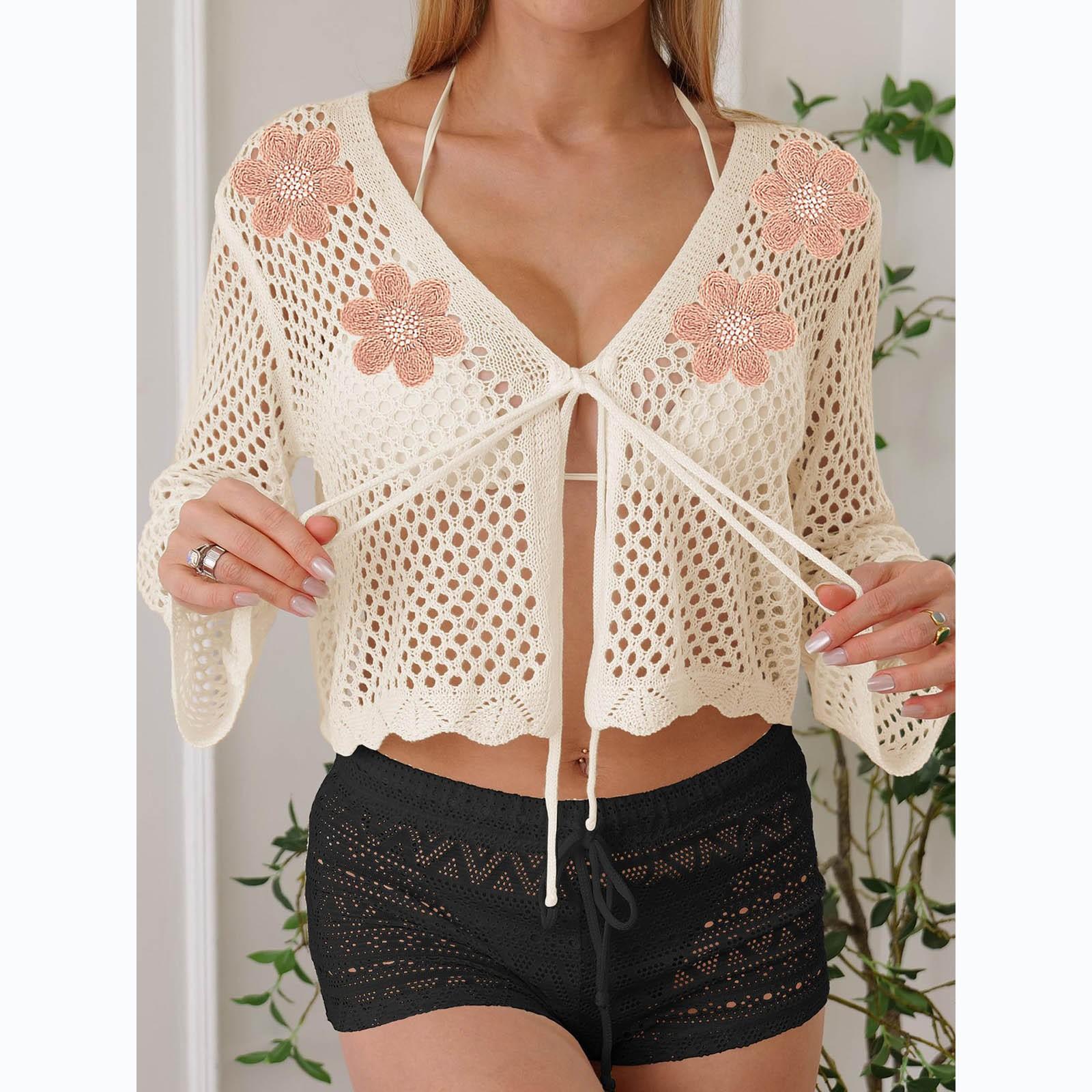 

Женское свободное повседневное пляжное бикини с короткими рукавами и кисточками в стиле пэчворк для отдыха One Size бежевый