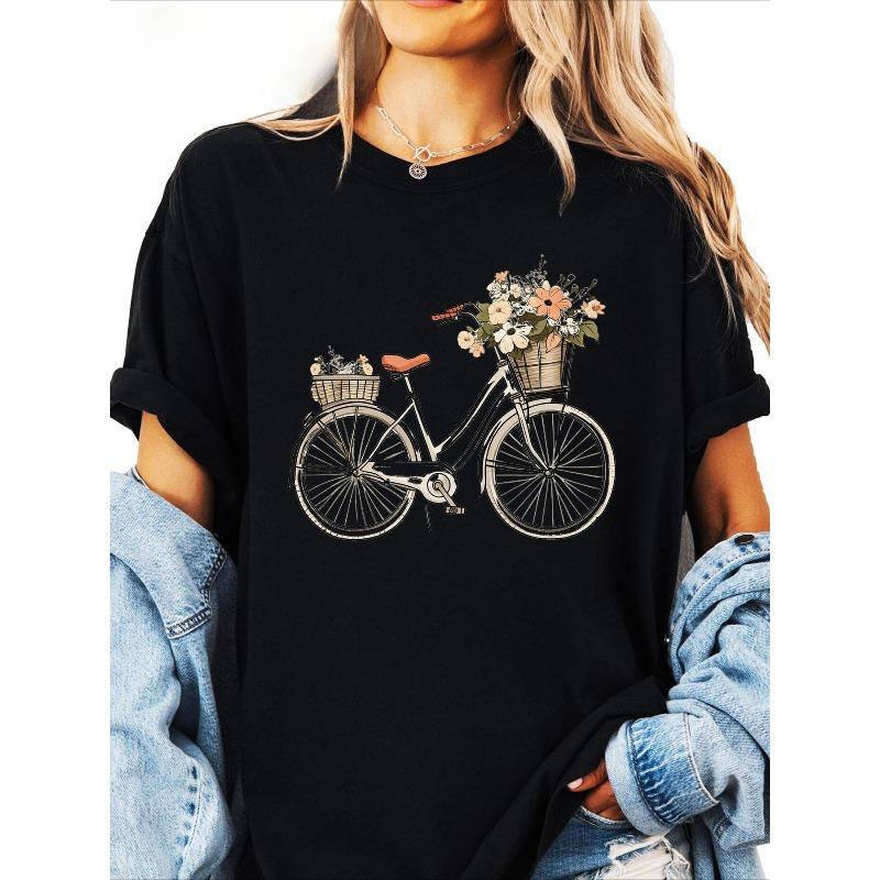 Europese Maat Dames Vintage Fiets Print T-shirt - Voor/Achter Retro & Bloemen, Korte Mouw Ronde Hals Casual Blouse voor Lente Zomer Outfits